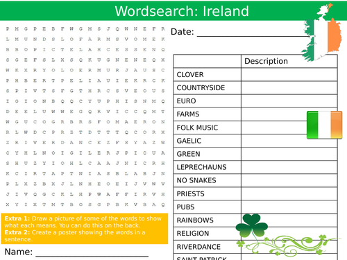 Ireland Wordsearch Sheet Keywords KS3 Settler Starter Cover Lesson Geography Countries