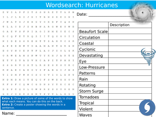 Hurricanes Wordsearch Sheet Keywords KS3 Settler Starter Cover Lesson Geography Weather