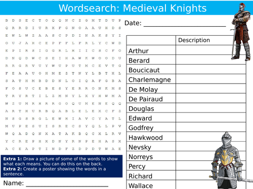 Medieval Knights Wordsearch Sheet Keywords KS3 Settler Starter Cover Lesson History