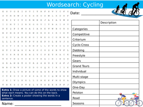 Cycling Wordsearch Sheet Keywords KS3 Settler Starter Cover Lesson PE Sports Bicycles Bikes