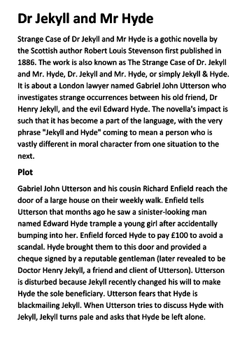 Strange Case of Dr Jekyll and Mr Hyde Handout