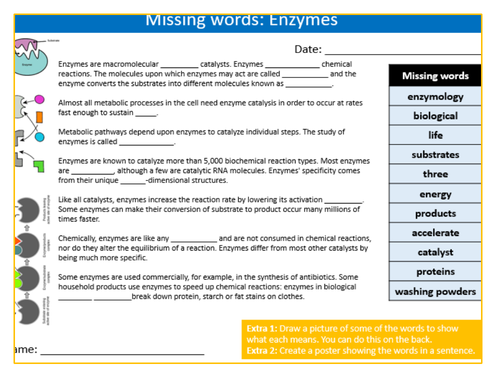 Enzymes Missing Words Cloze Sheet Keywords KS3 Settler Starter Cover Lesson Science Biology