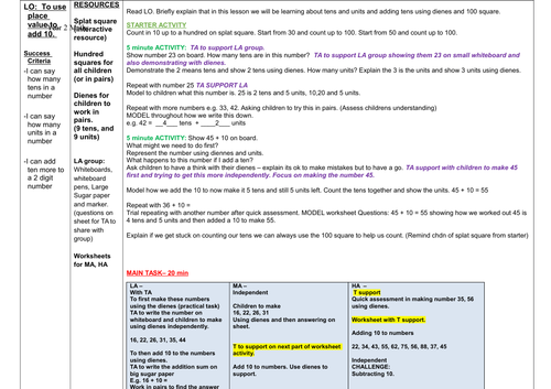 Place value - Adding 10 to 2 digit numbers. One day maths lesson plan ...