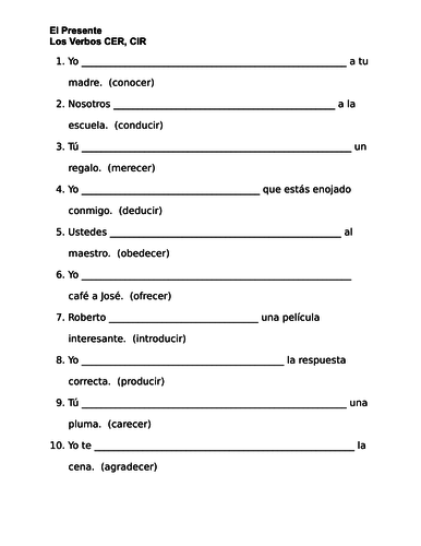 CER Verbs CIR Verbs in Spnaish Verbos CER CIR Worksheet 2