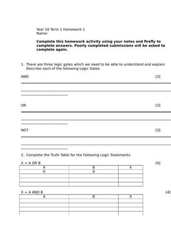 GCSE Computer Science Homework/Class Activity [LOGIC GATES]