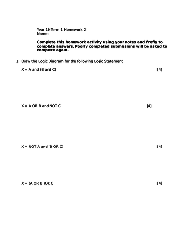 GCSE Computer Science Homework / Lesson Activity LOGIC GATES