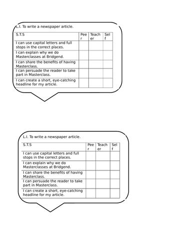 Newspaper Writing Assessment Grid