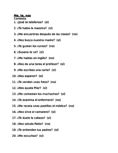 Me Te Nos Spanish Object pronouns Worksheet