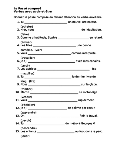 passe compose all verbs french worksheet 6 teaching