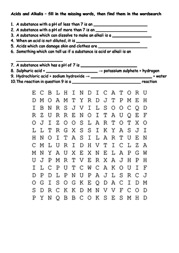 Year 7 acids and alkali revision wordsearch