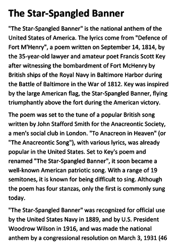 The Star Spangled Banner Handout
