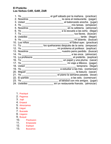 Pretérito CAR GAR ZAR Verbs in Spanish Verbos Worksheet
