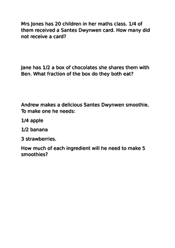 Santes Dwynwen themed Fractions questions differentiated