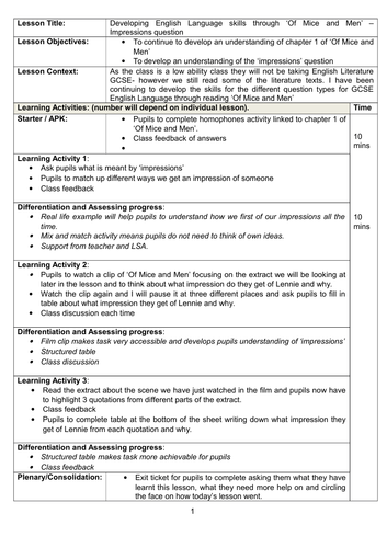 Of Mice and Men impressions question- Lennie chapter 1