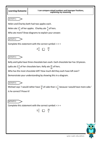 COMPARE MIXED NUMBERS AND IMPROPER FRACTIONS, EXPLAINING REASONING (WORKSHEET)