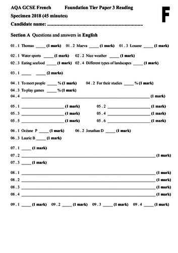 Specimen 2018 AQA GCSE French Foundation and Higher Reading (Answer templates)