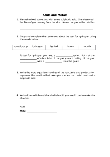 Acids and Metals worksheet