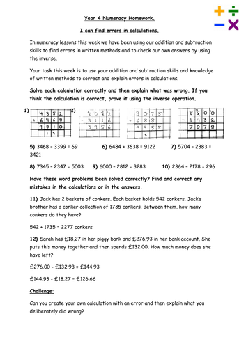 Year 4 Homework Finding Errors in Calculations