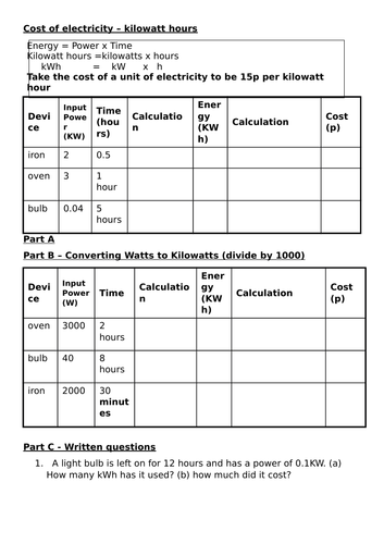Cost of electricity worksheet with answers (scaffolded)