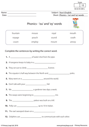 KS2 English worksheet - Phonics - 'ou' and 'oy' words