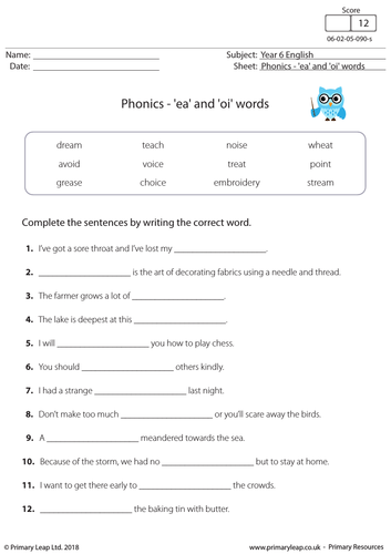 ks2 english worksheet phonics ea and oi words