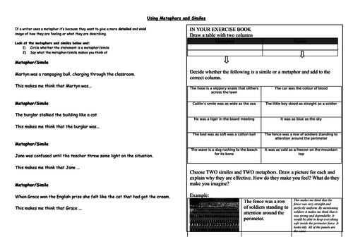 Similes and Metaphors Worksheet Cover Work