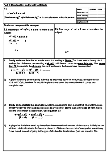 New GCSE (9-1) v2-u2=2a x d Complete lesson with worksheets and answers (v2 = u2 + 2as)