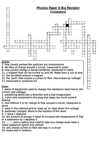Edexcel GCSE Combined Science Physics 2 (paper 6) revision crossword and revision dictionary