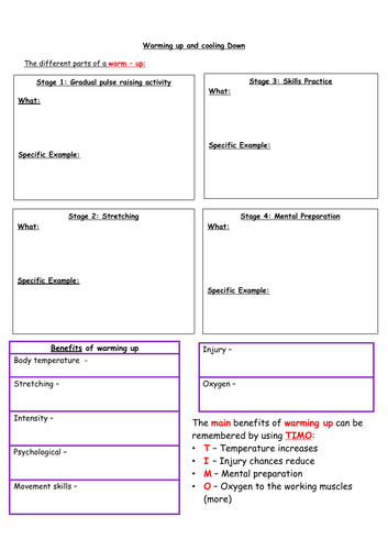 New AQA GCSE PE- Warm up/ Cool Down Worksheet to support practical Activity