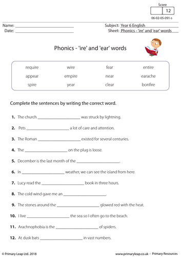 KS2 English worksheet: Phonics - 'ire' and 'ear' words