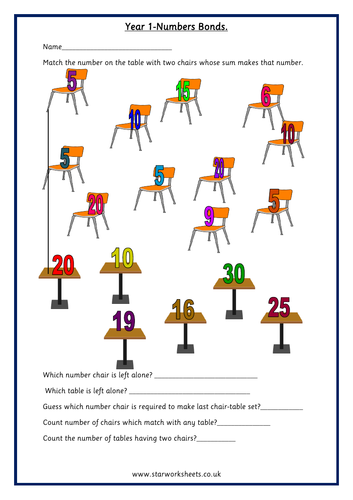 year 1 number bonds matching worksheet teaching resources