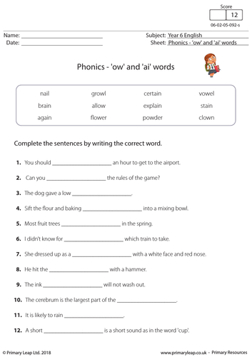 KS2 English worksheet: Phonics - 'ow' and 'ai' words | Teaching Resources