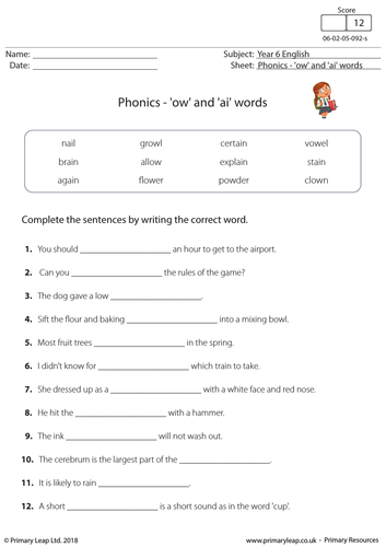 KS2 English worksheet: Phonics - 'ow' and 'ai' words