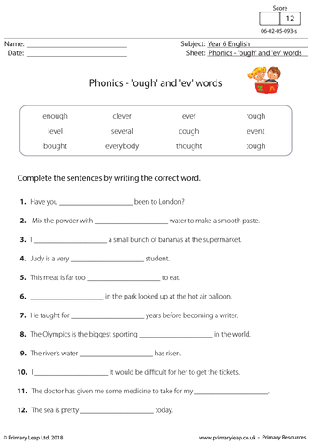 KS2 English Resource: Phonics - 'ough' and 'ev' words