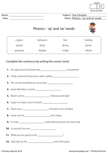 KS2 English Resource: Phonics - 'ay' and 'ee' words