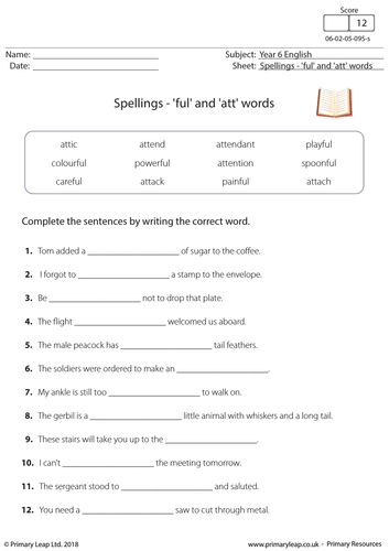 KS2 English Resource: Spellings - 'ful' and 'att' words