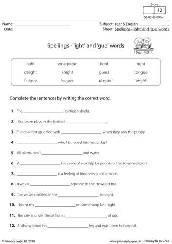 KS2 English Resource: Spellings - 'ight' and 'gue' words