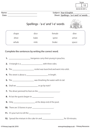 KS2 English Resource: Spellings - 'a-e' and 'i-e' words