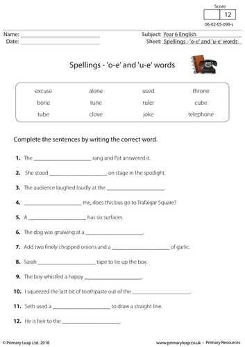 KS2 English Resource: Spellings - 'o-e' and 'u-e' words