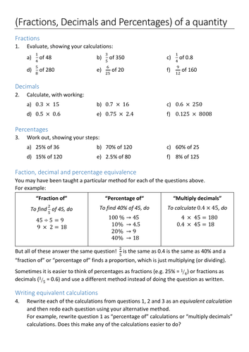 Fraction, decimal and percentage related calculations