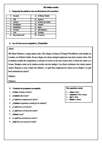 Spanish KS3 mi horario reading comprehension _ time and school routine _ Zoom mi insti