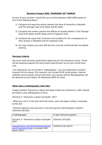 English Literature stretch and challenge research project for Year 11