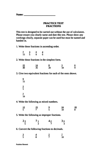 Fraction Test | Teaching Resources