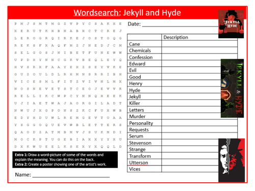 Jekyll and Hyde Wordsearch Puzzle Sheet Keywords KS4 Settler Starter Cover Lesson English Literature