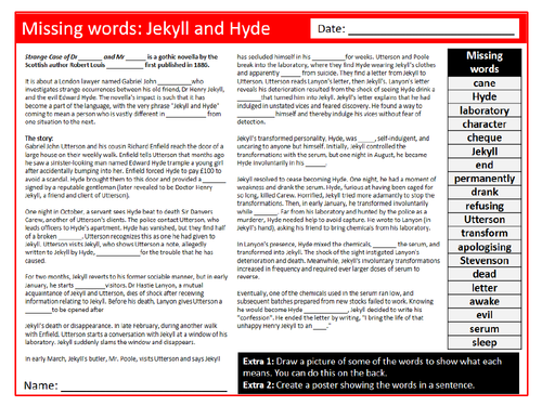 Jekyll and Hyde Missing Words Cloze Keywords KS4 Settler Starter Cover Lesson English Literature