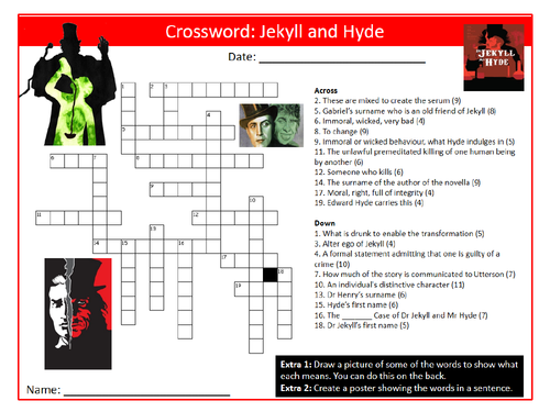 Jekyll and Hyde Crossword Puzzle Sheet Keywords KS4 Settler Starter Cover Lesson English Literature