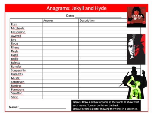 Jekyll and Hyde Anagrams Puzzle Sheet Keywords KS4 Settler Starter Cover Lesson English Literature