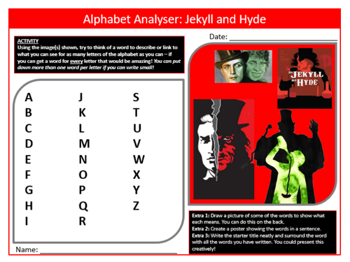 Jekyll and Hyde Alphabet Analyser Sheet Keywords KS4 Settler Starter Cover Lesson English Literature