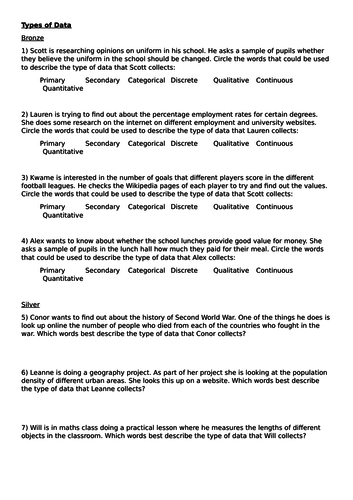 types of data worksheet tes