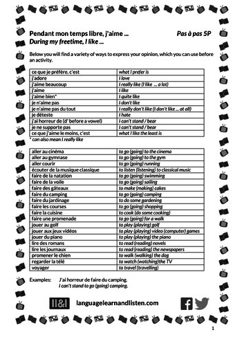 Pendant mon temps libre, j'aime ... (During my freetime, I like ...)